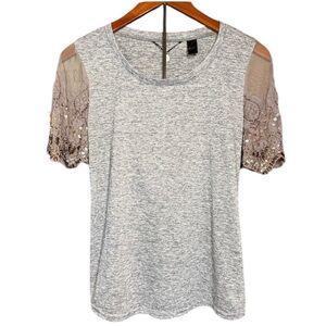 BKE Boutique Tee with sheer sequined sleeve